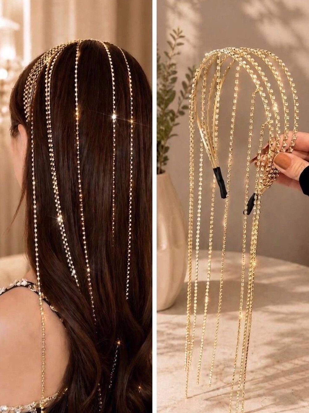Gold Crystal Strand Headbands with Draping Chains